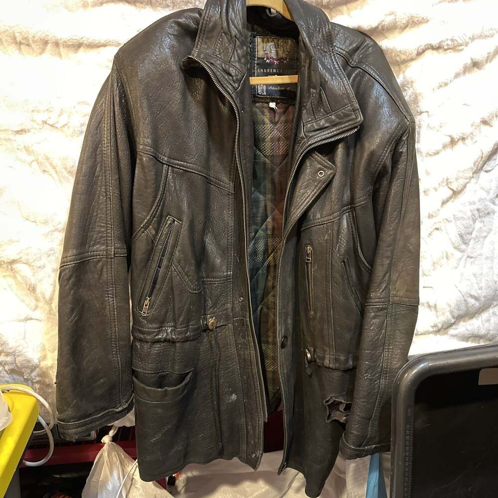 Vintage LAURENCE Mens Black Leather Jacket Quilted Plaid Lining